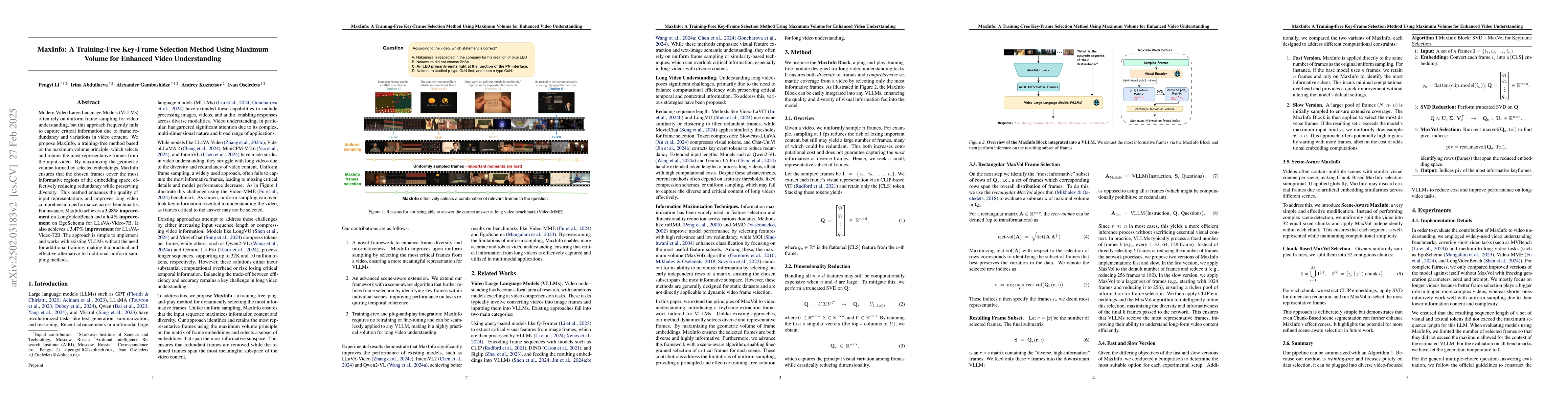 Thumbnail for MaxInfo: A Training-Free Key-Frame Selection Method Using Maximum Volume
  for Enhanced Video Understanding