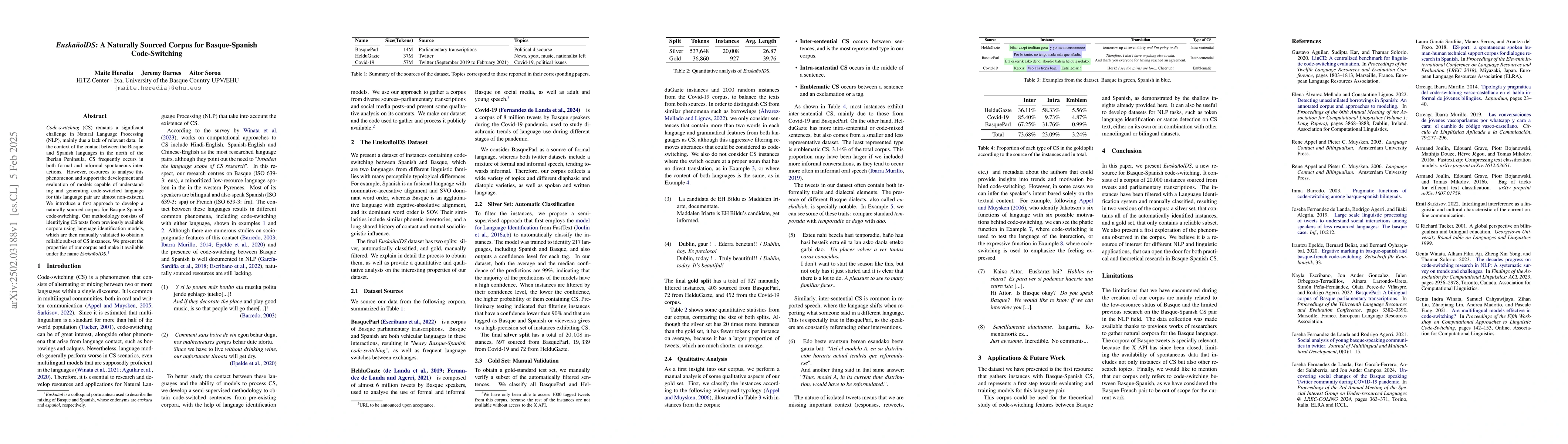 Thumbnail for EuskañolDS: A Naturally Sourced Corpus for Basque-Spanish
  Code-Switching