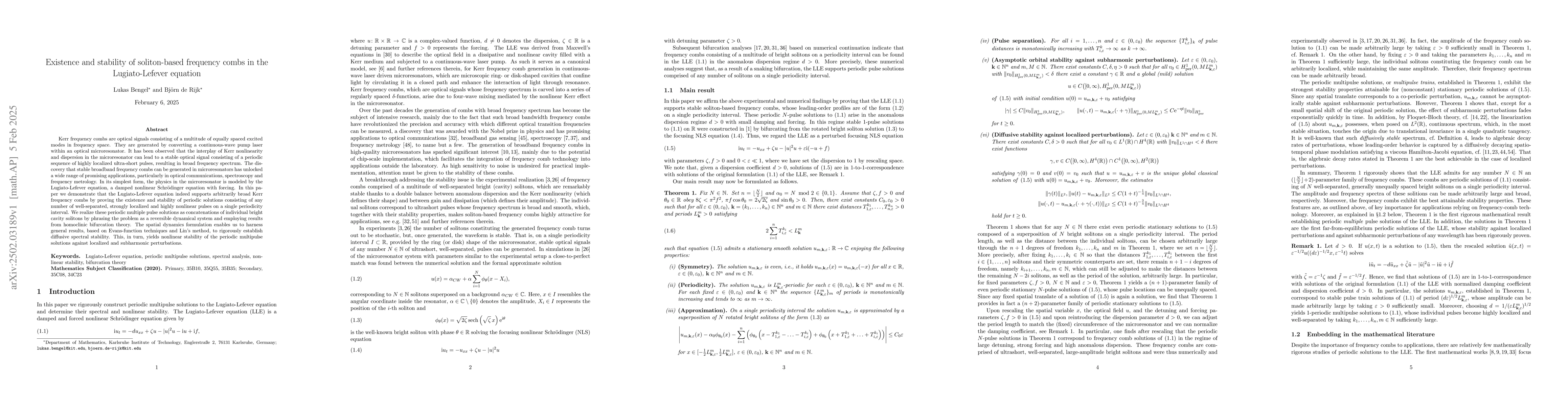 Thumbnail for Existence and stability of soliton-based frequency combs in the
  Lugiato-Lefever equation