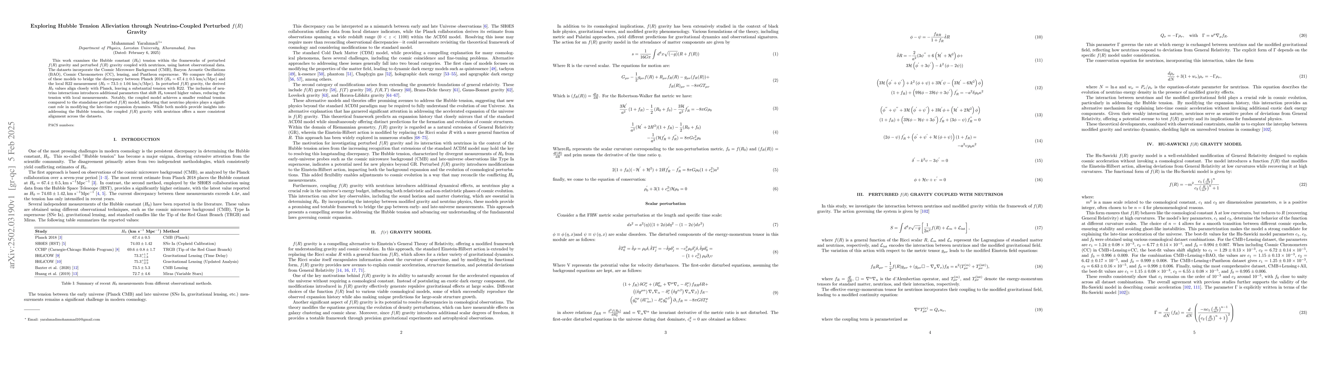 Thumbnail for Exploring Hubble Tension Alleviation through Neutrino-Coupled Perturbed
  $f(R)$ Gravity