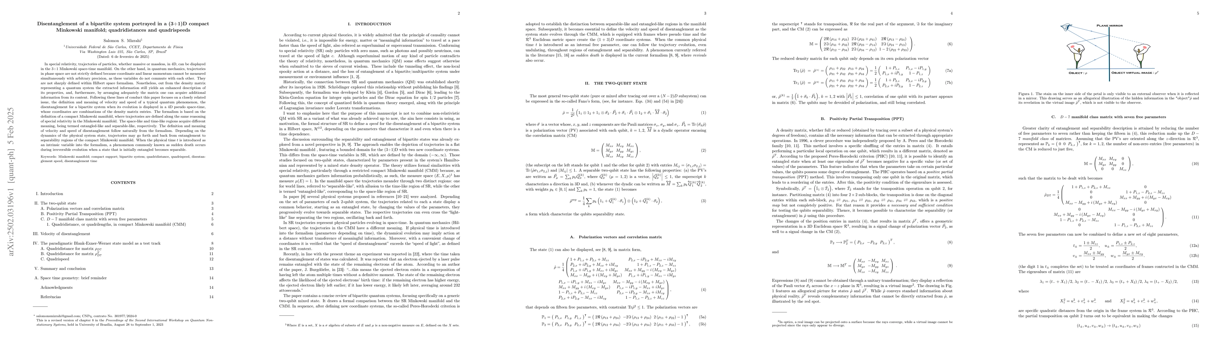 Thumbnail for Disentanglement of a bipartite system portrayed in a (3+1)D compact
  Minkowski manifold; quadridistances and quadrispeeds