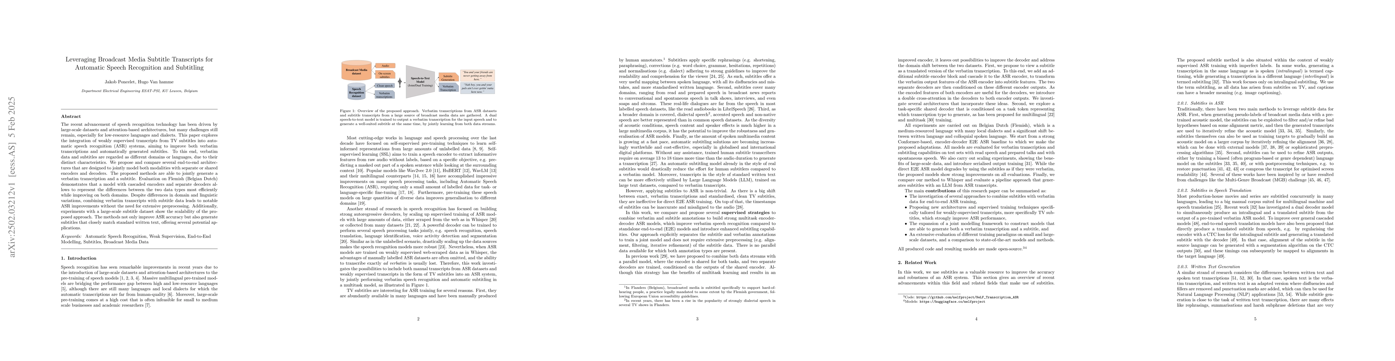 Thumbnail for Leveraging Broadcast Media Subtitle Transcripts for Automatic Speech
  Recognition and Subtitling