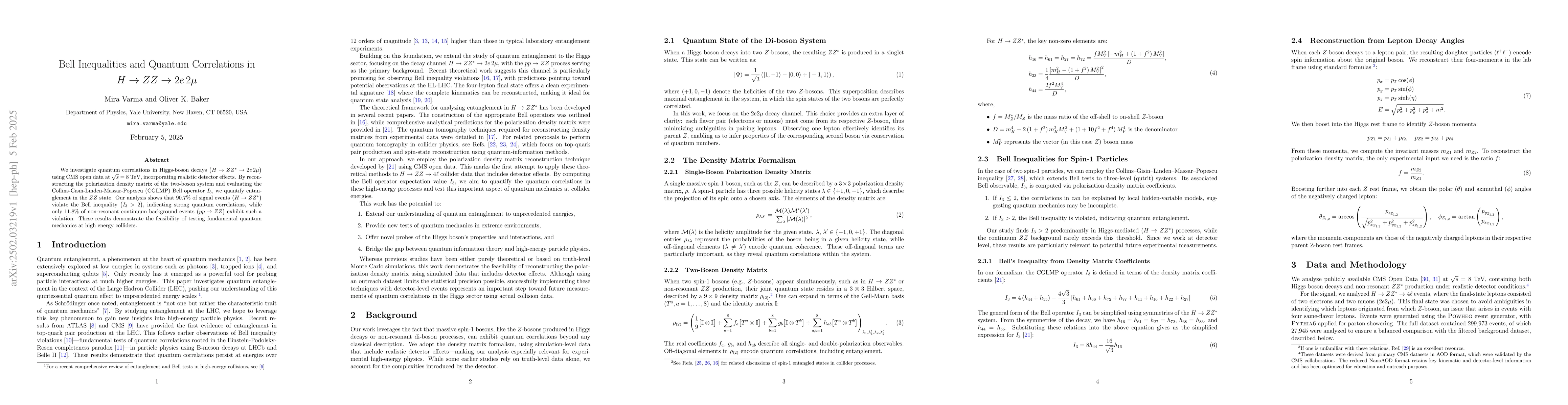 Thumbnail for Bell Inequalities and Quantum Correlations in $H \rightarrow ZZ
  \rightarrow 2e\,2μ$