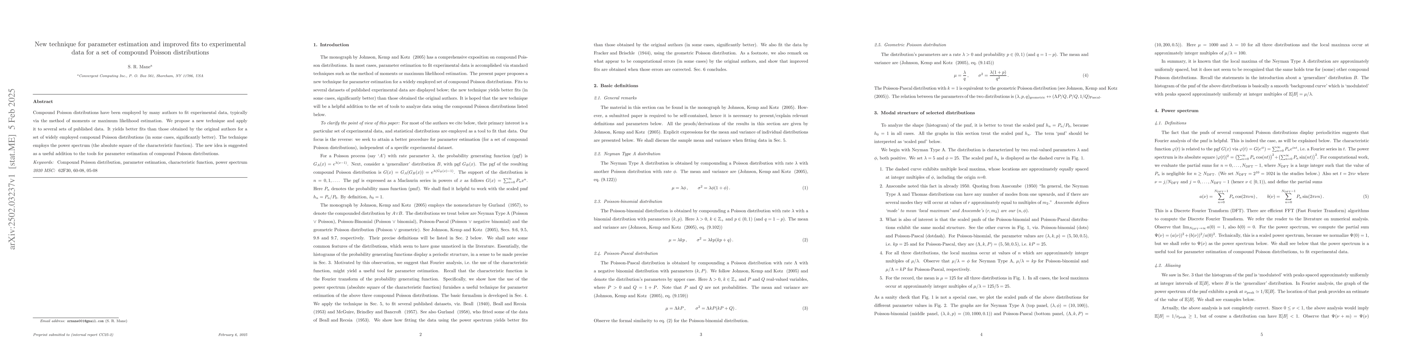 Thumbnail for New technique for parameter estimation and improved fits to experimental
  data for a set of compound Poisson distributions