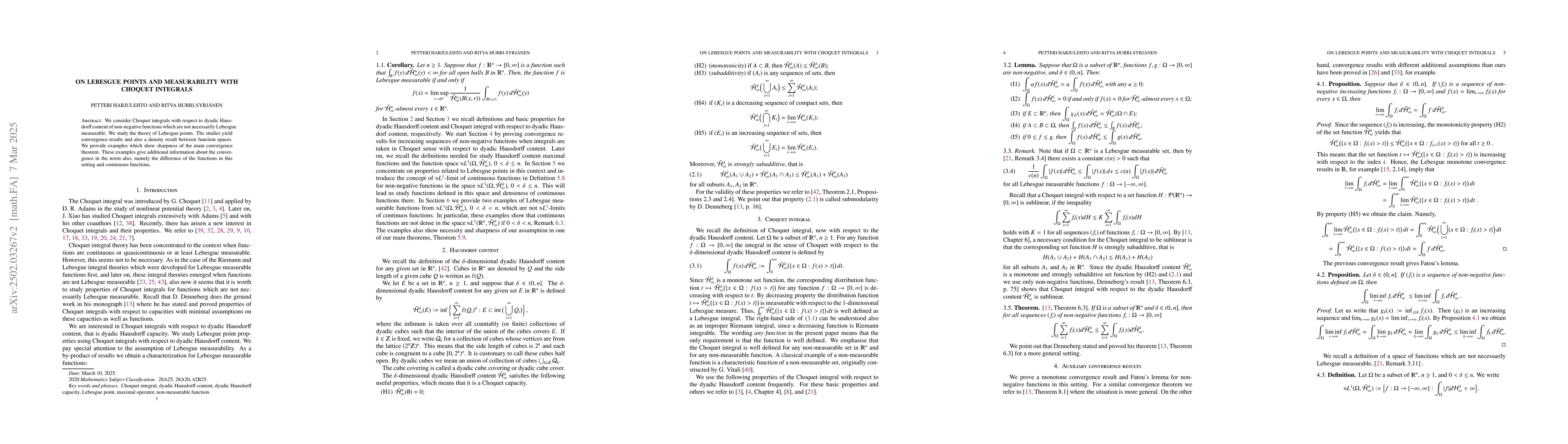 Thumbnail for On Lebesgue points and measurability with Choquet integrals