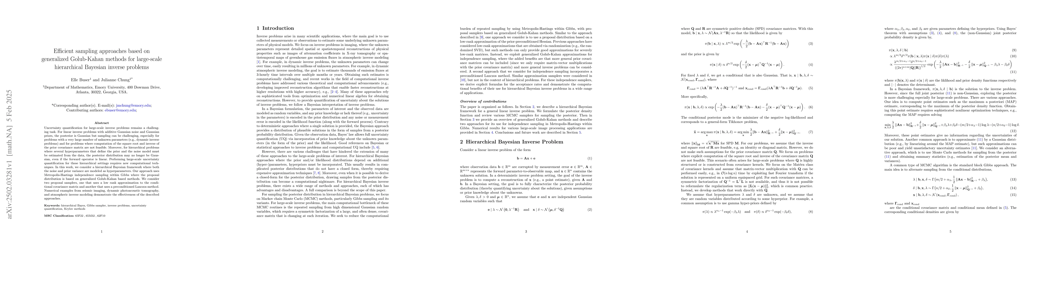 Thumbnail for Efficient sampling approaches based on generalized Golub-Kahan methods
  for large-scale hierarchical Bayesian inverse problems