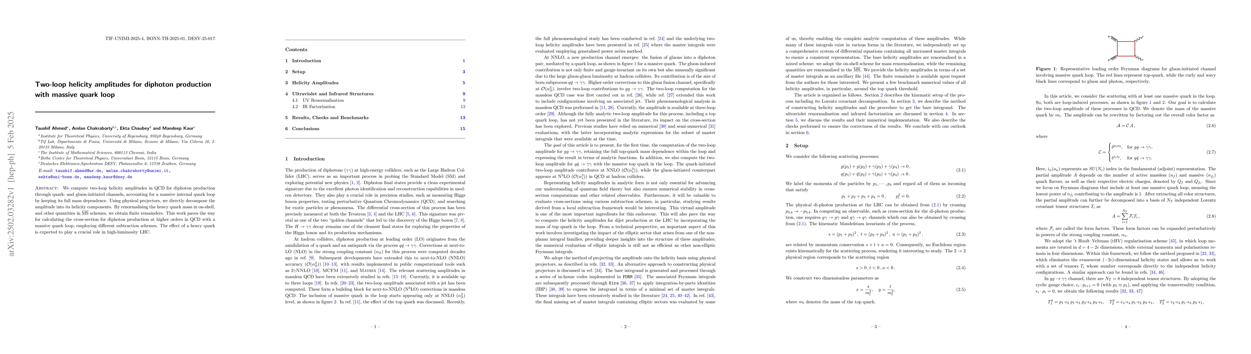 Thumbnail for Two-loop helicity amplitudes for diphoton production with massive quark
  loop