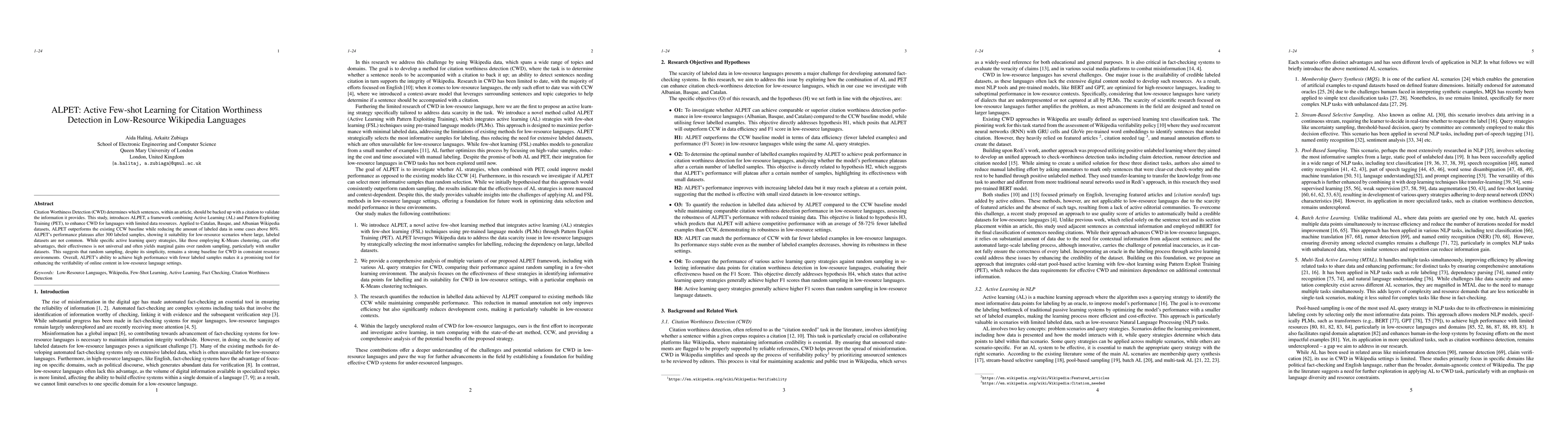 Thumbnail for ALPET: Active Few-shot Learning for Citation Worthiness Detection in
  Low-Resource Wikipedia Languages