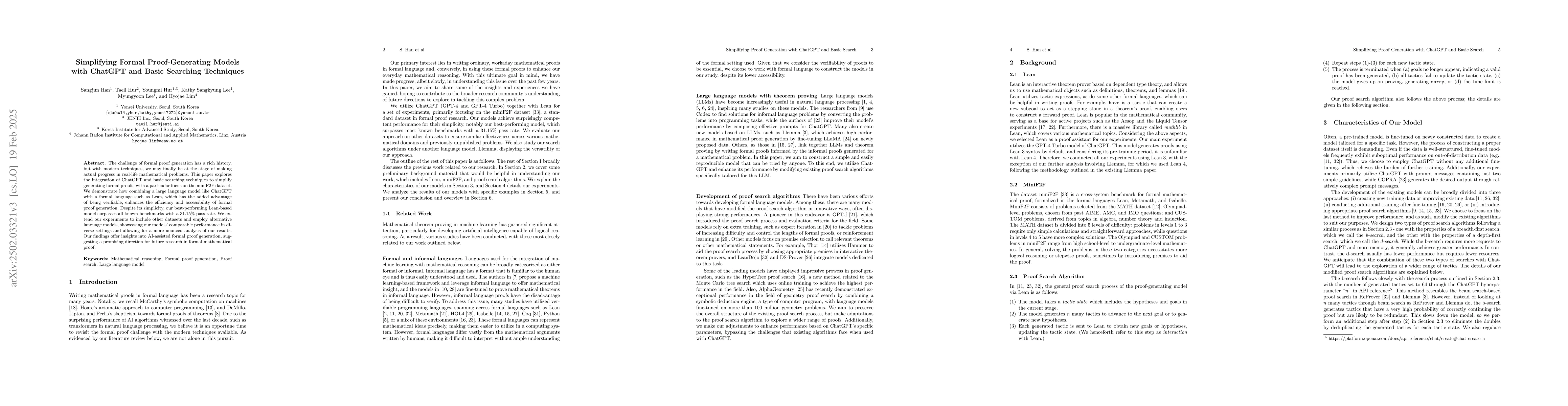 Thumbnail for Simplifying Formal Proof-Generating Models with ChatGPT and Basic
  Searching Techniques