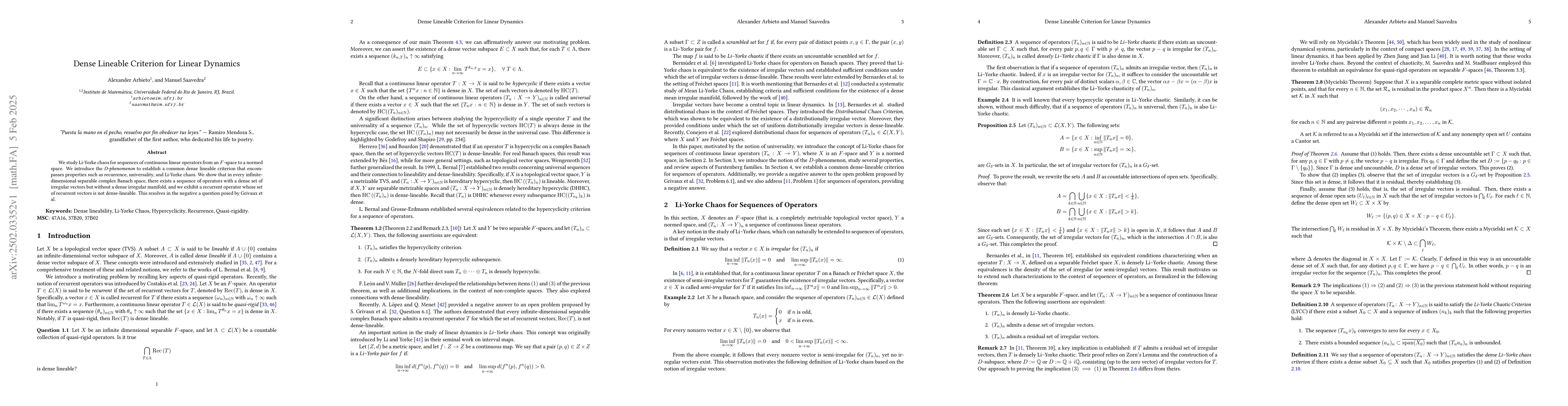 Thumbnail for Dense Lineable Criterion for Linear Dynamics