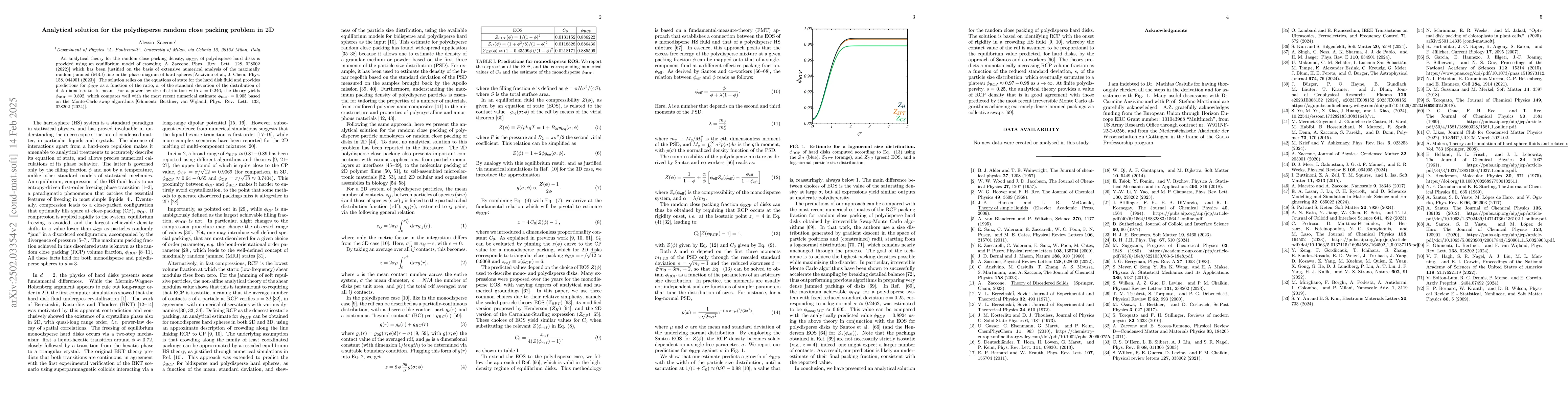 Thumbnail for Analytical solution for the polydisperse random close packing problem in
  2D