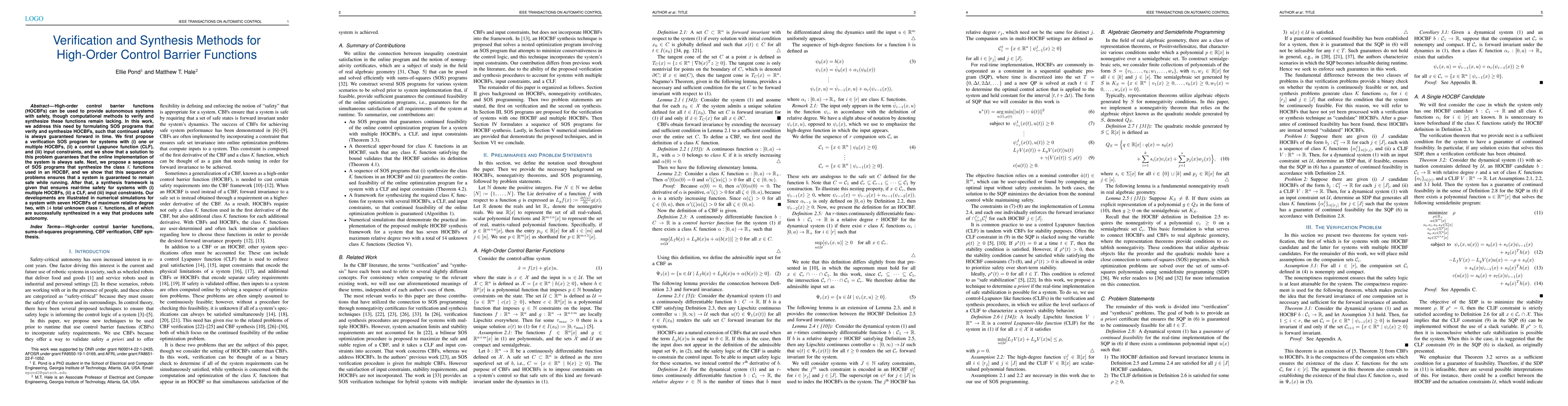 Thumbnail for Verification and Synthesis Methods for High-Order Control Barrier
  Functions