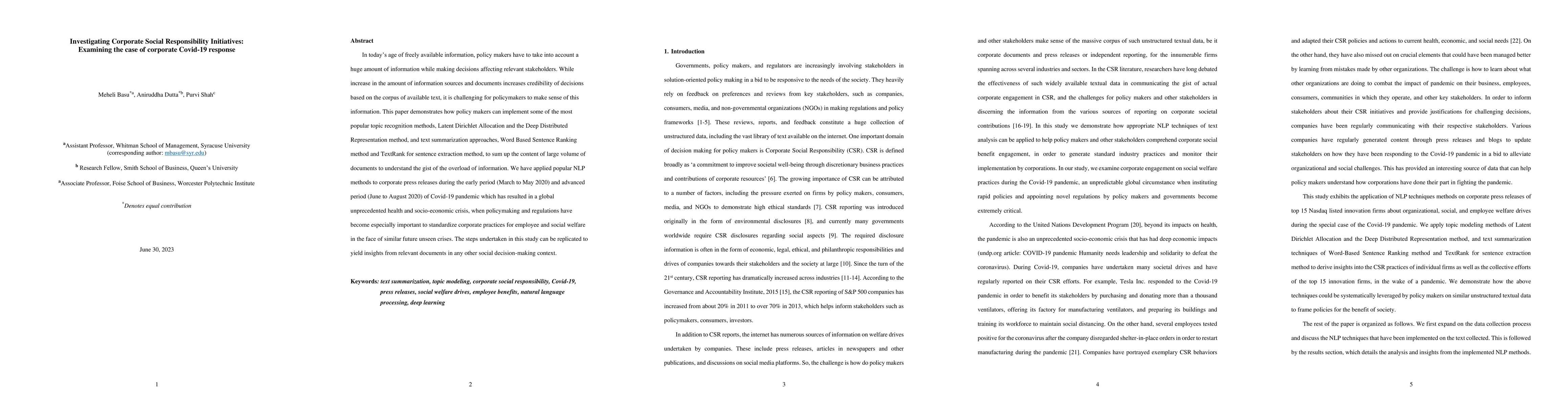 Thumbnail for Investigating Corporate Social Responsibility Initiatives: Examining the
  case of corporate Covid-19 response