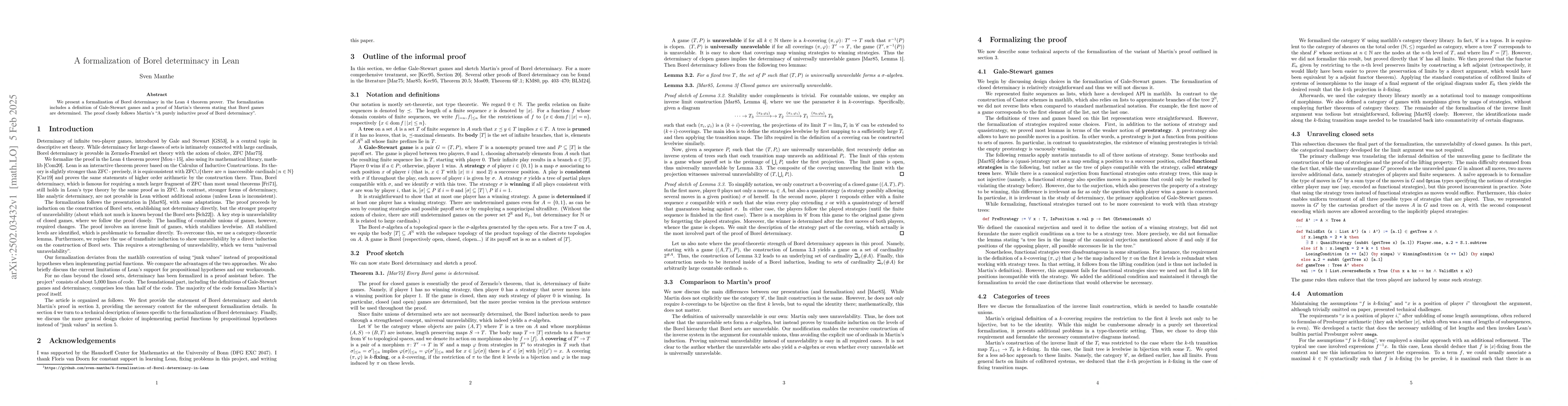 Thumbnail for A formalization of Borel determinacy in Lean