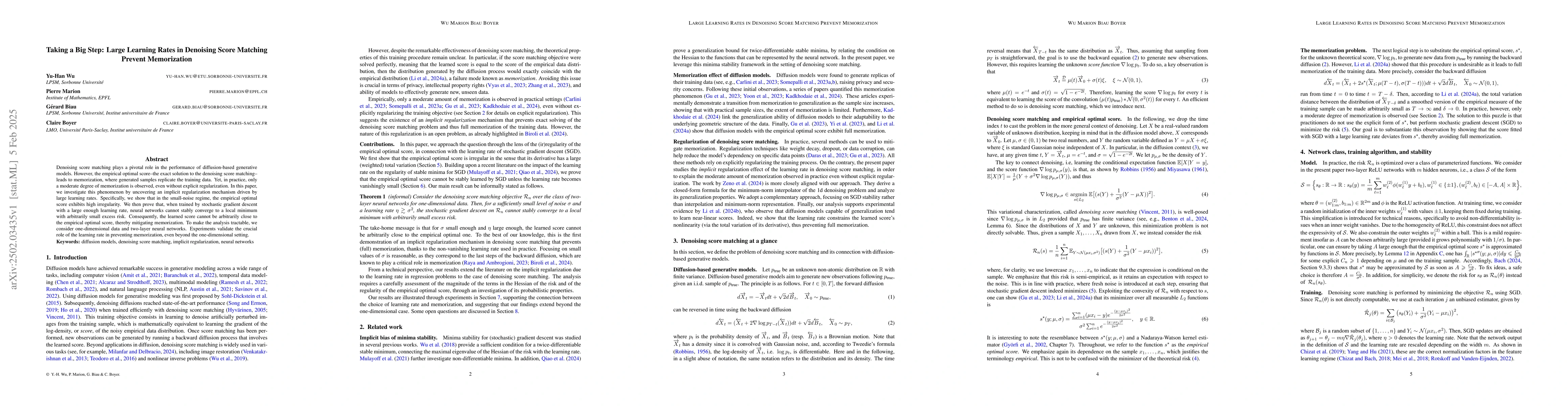 Thumbnail for Taking a Big Step: Large Learning Rates in Denoising Score Matching
  Prevent Memorization