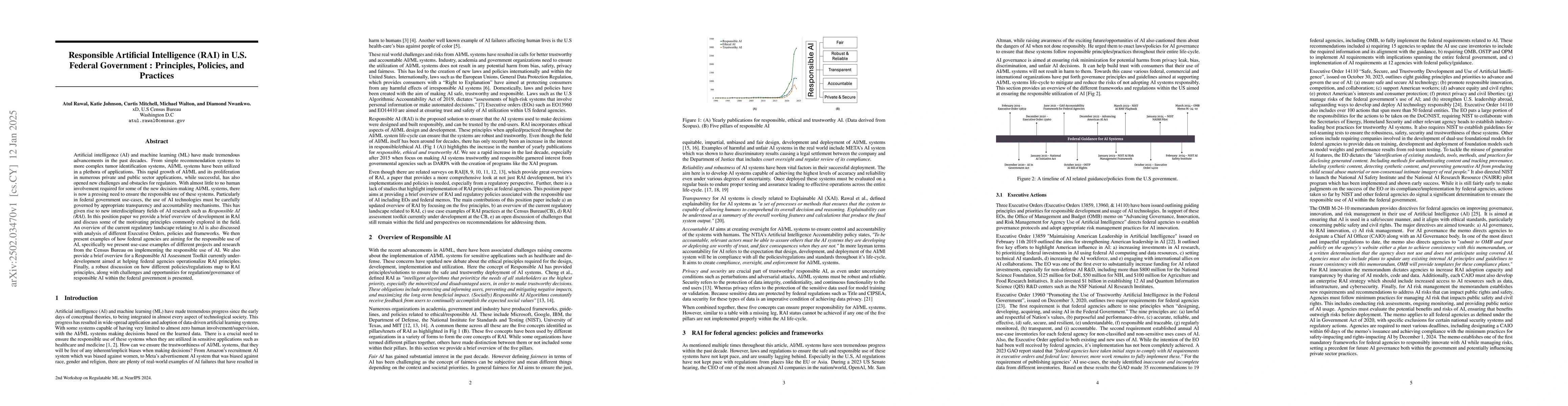 Thumbnail for Responsible Artificial Intelligence (RAI) in U.S. Federal Government :
  Principles, Policies, and Practices