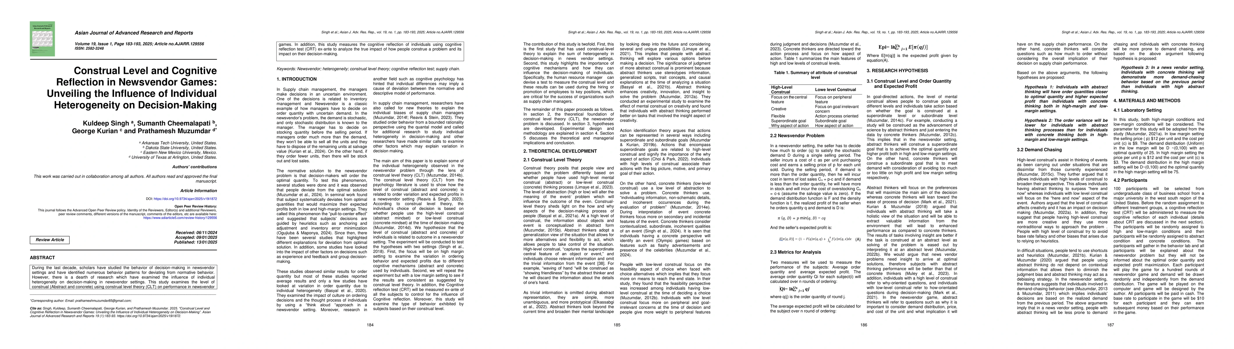 Thumbnail for Construal Level and Cognitive Reflection in Newsvendor Games: Unveiling
  the Influence of Individual Heterogeneity on Decision-Making