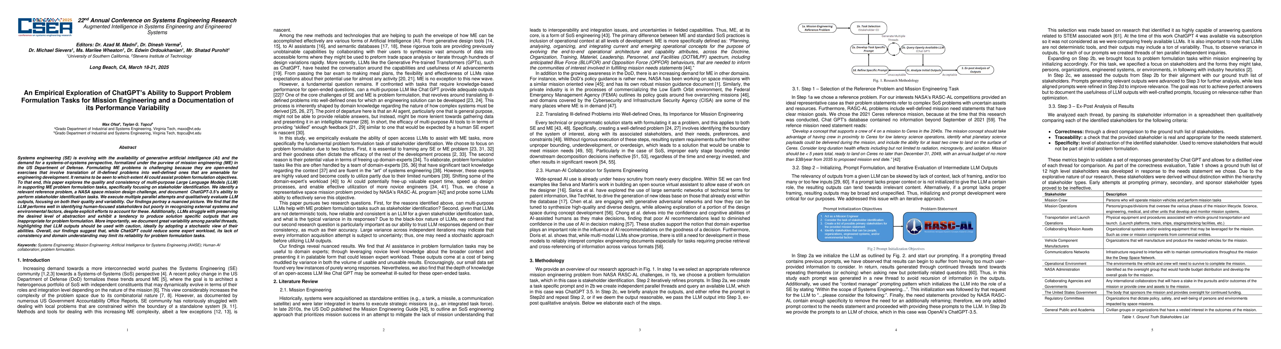 Thumbnail for An Empirical Exploration of ChatGPT's Ability to Support Problem
  Formulation Tasks for Mission Engineering and a Documentation of its
  Performance Variability