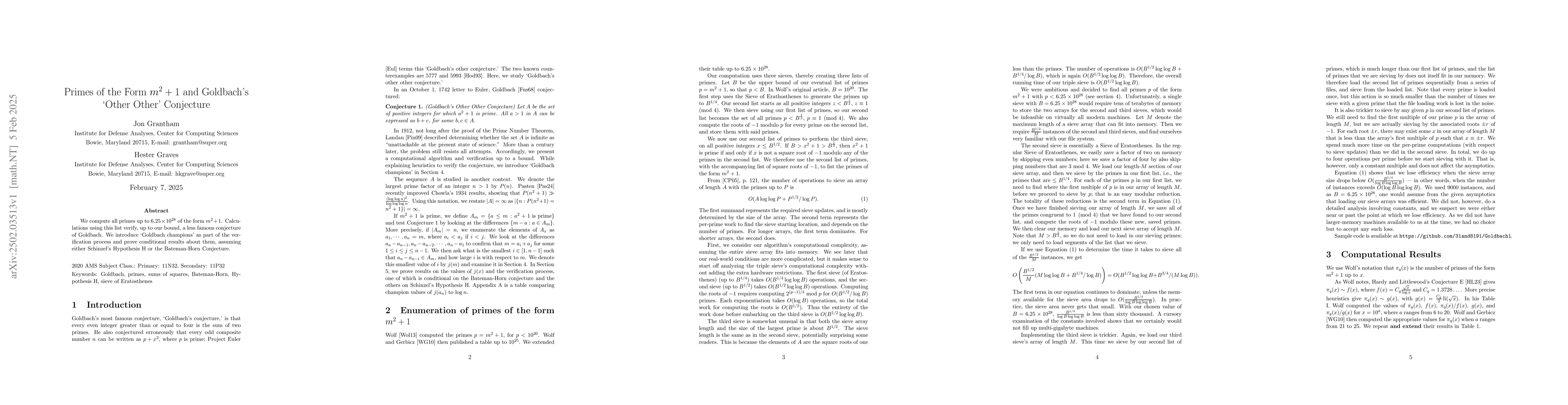 Thumbnail for Primes of the Form $m^2+1$ and Goldbach's `Other Other' Conjecture