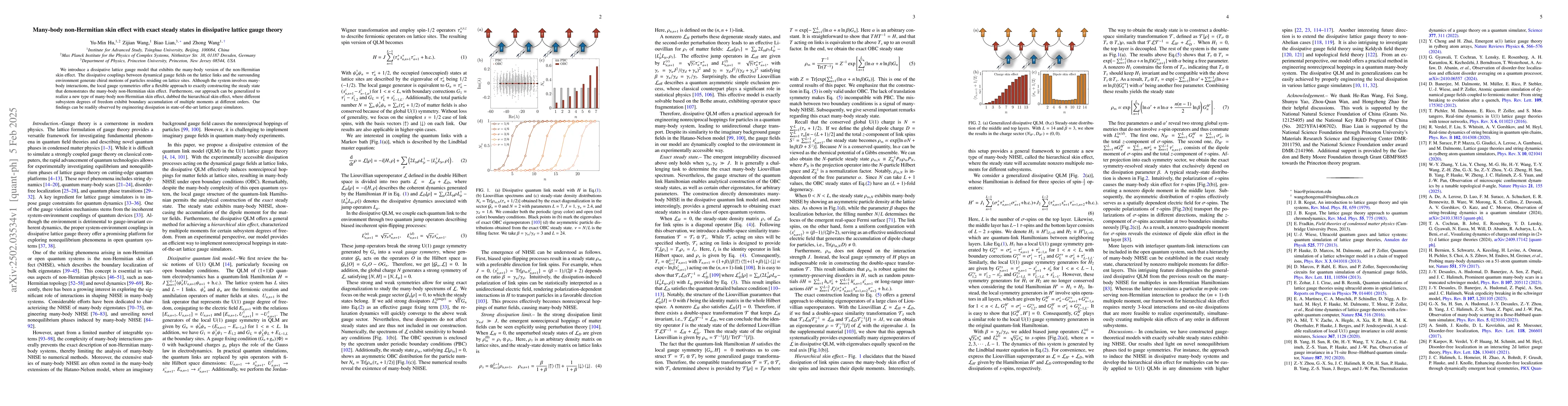 Thumbnail for Many-body non-Hermitian skin effect with exact steady states in
  dissipative lattice gauge theory