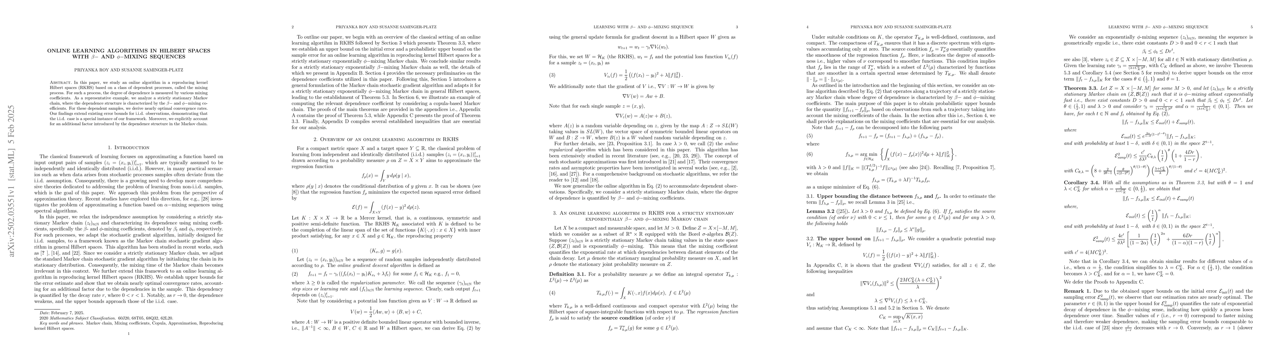Thumbnail for Online Learning Algorithms in Hilbert Spaces with $β-$ and
  $φ-$Mixing Sequences