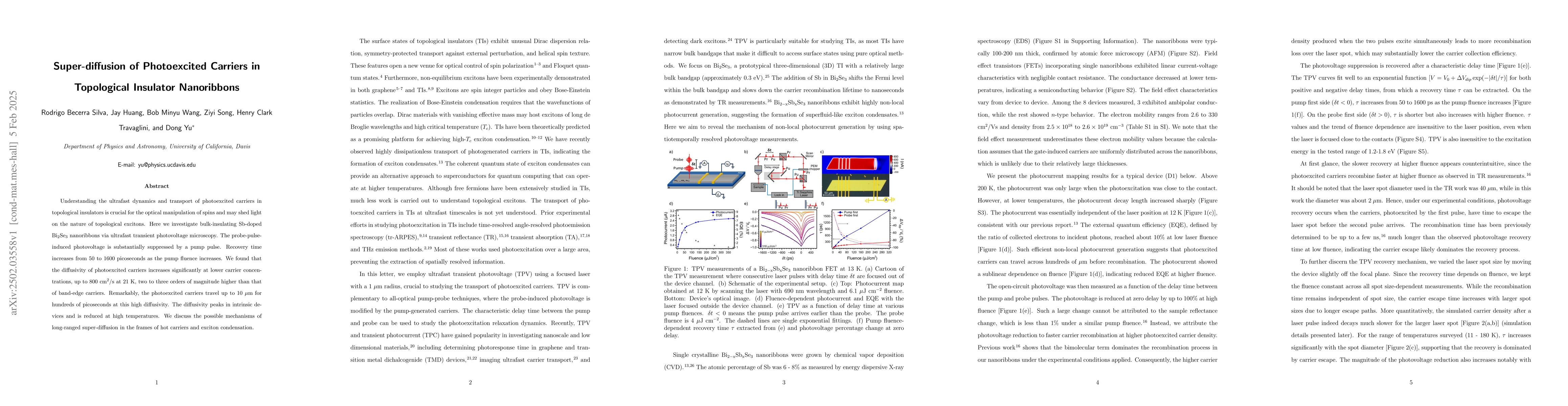 Thumbnail for Super-diffusion of Photoexcited Carriers in Topological Insulator
  Nanoribbons