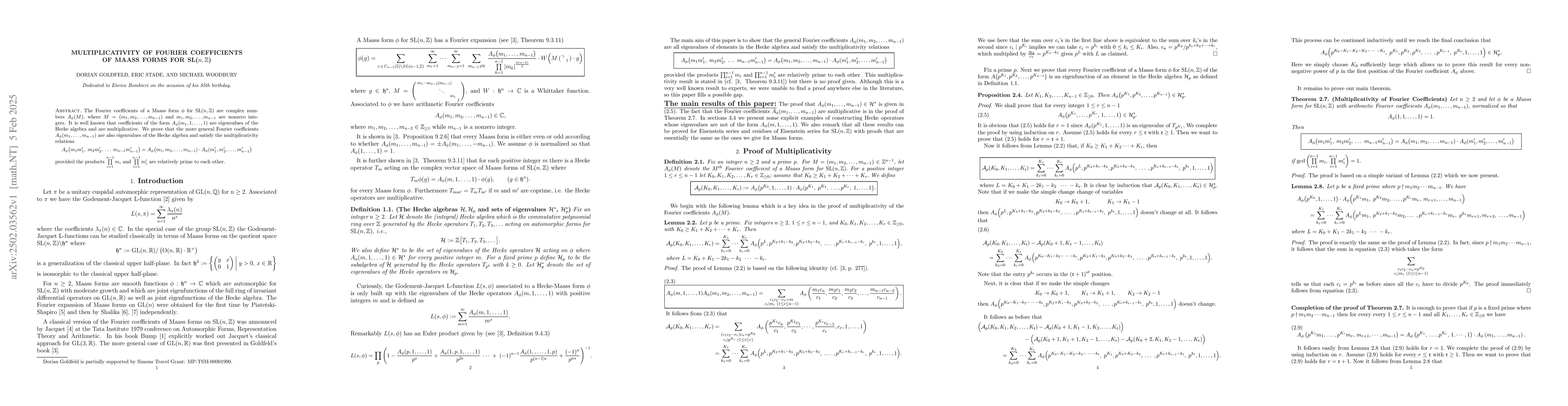Thumbnail for Multiplicativity of Fourier Coefficients of Maass Forms for
  SL($n,\mathbb Z$)