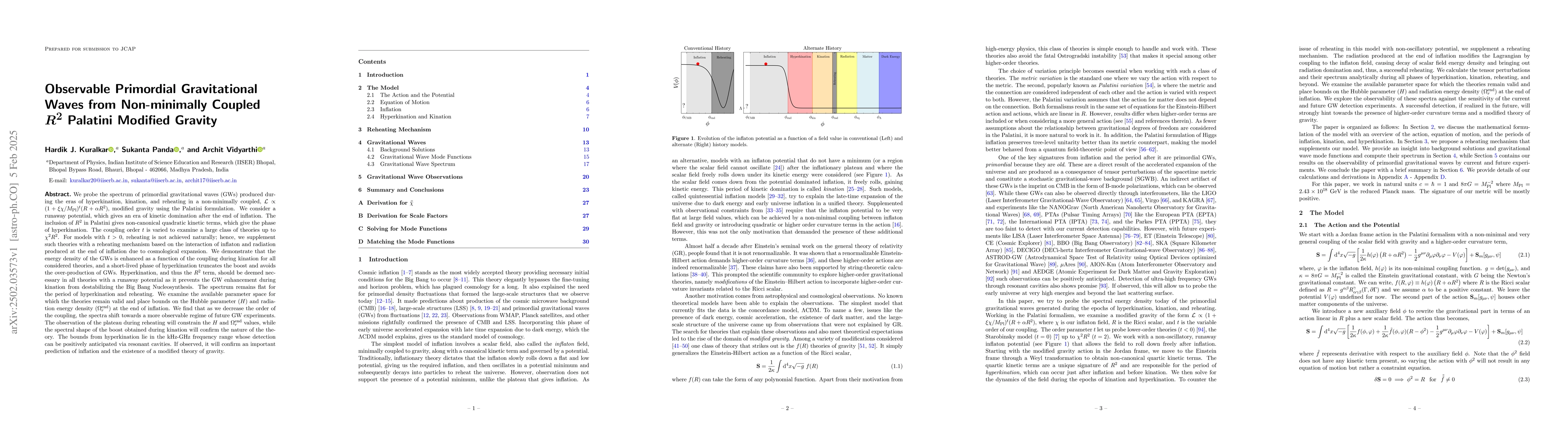 Thumbnail for Observable Primordial Gravitational Waves from Non-minimally Coupled
  $R^2$ Palatini Modified Gravity