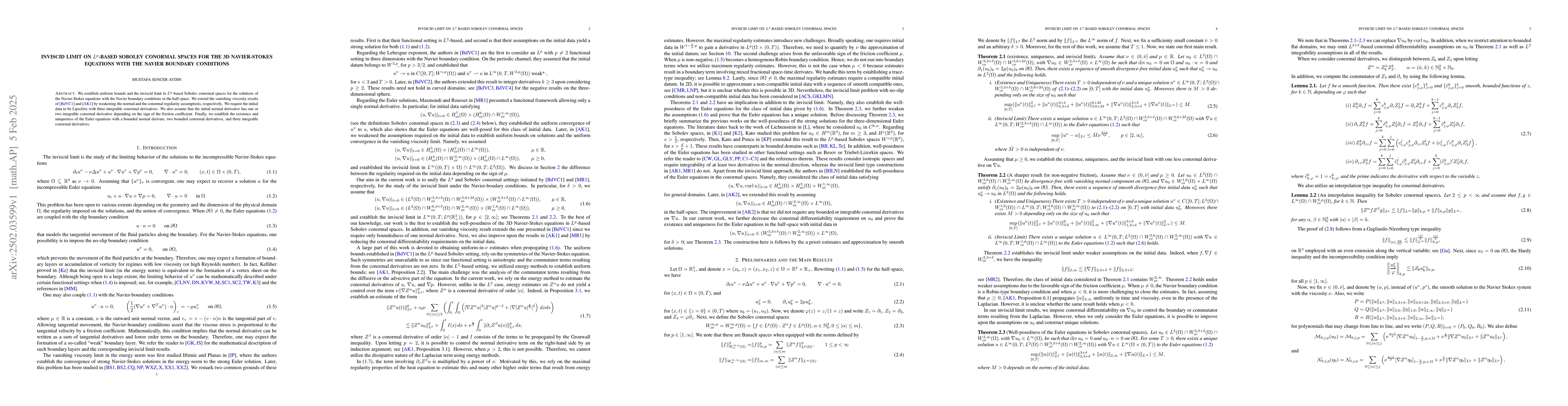Thumbnail for Inviscid limit on $L^p$-based Sobolev conormal spaces for the 3D
  Navier-Stokes equations with the Navier boundary conditions