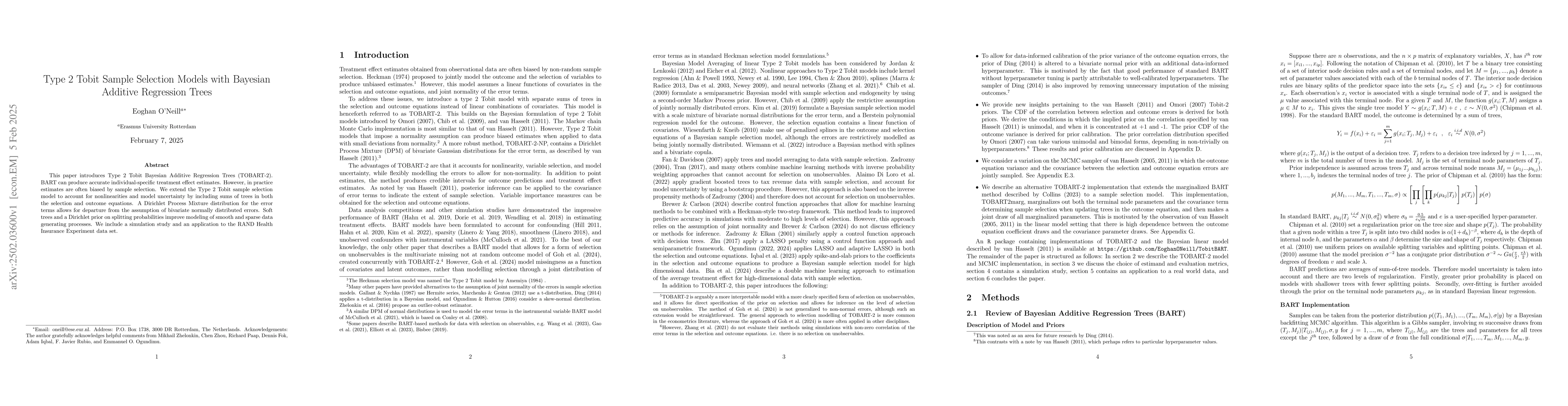 Thumbnail for Type 2 Tobit Sample Selection Models with Bayesian Additive Regression
  Trees