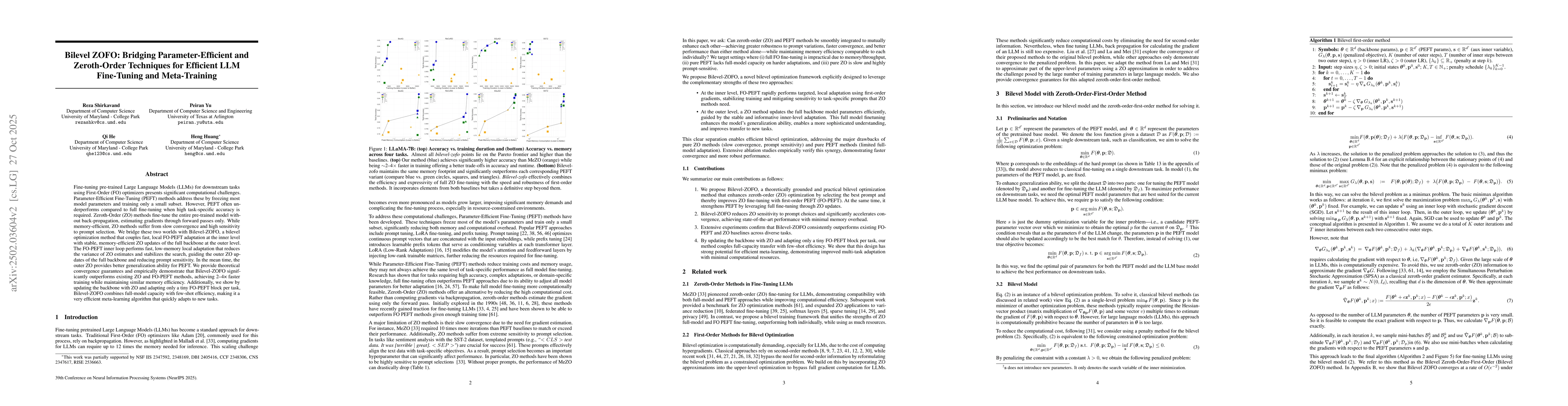 Thumbnail for Bilevel ZOFO: Bridging Parameter-Efficient and Zeroth-Order Techniques
  for Efficient LLM Fine-Tuning and Meta-Training