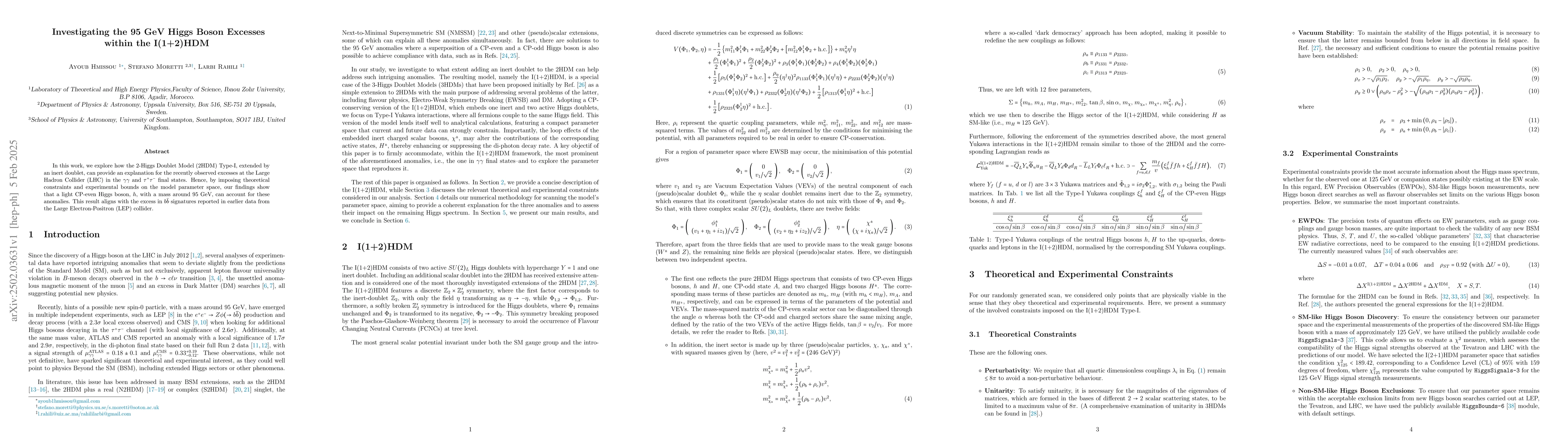 Thumbnail for Investigating the 95 GeV Higgs Boson Excesses within the I(1+2)HDM