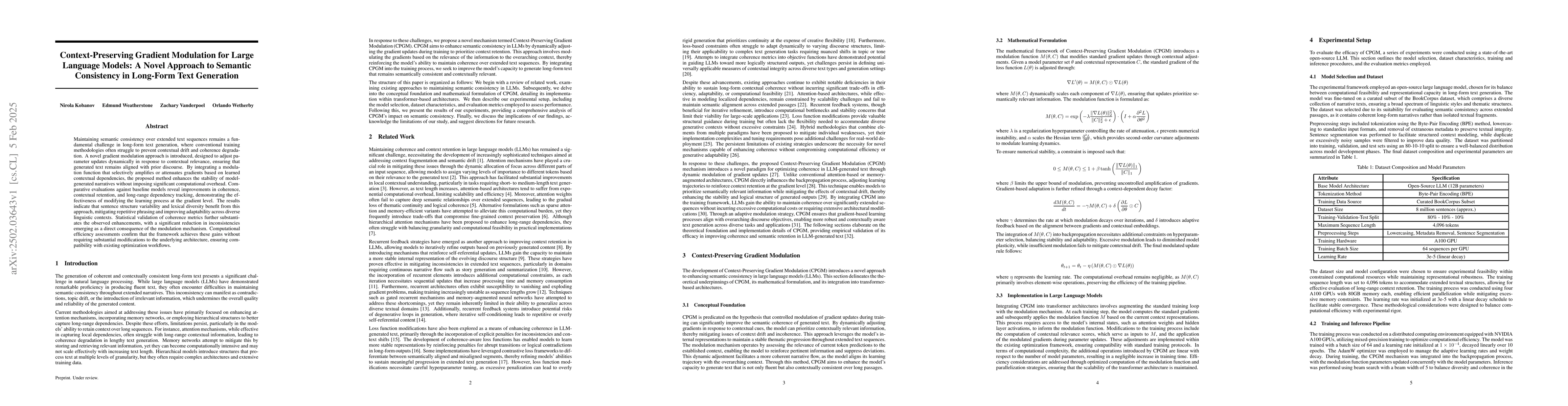Thumbnail for Context-Preserving Gradient Modulation for Large Language Models: A
  Novel Approach to Semantic Consistency in Long-Form Text Generation