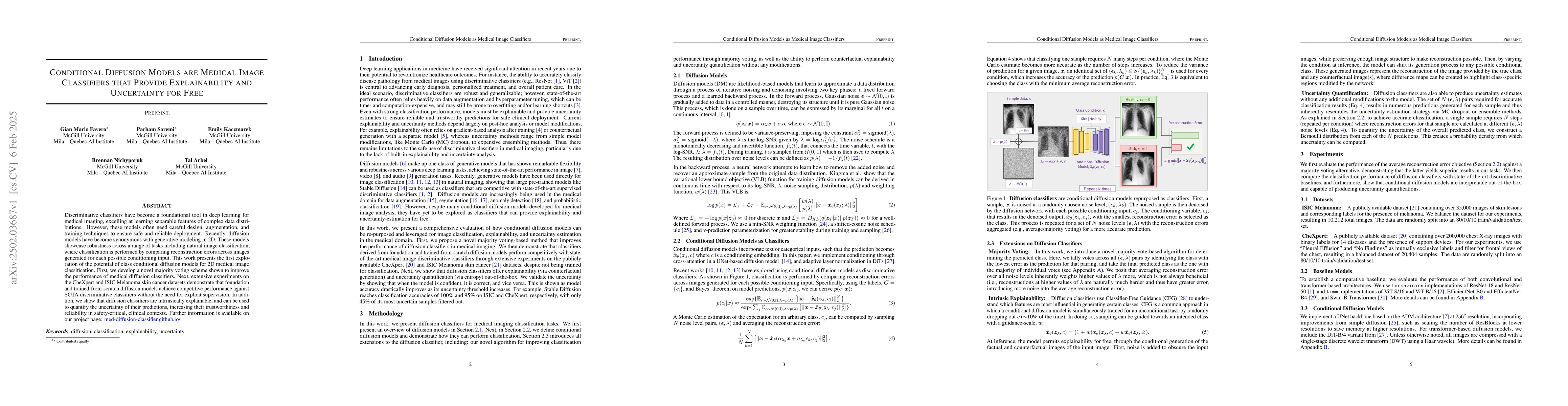 Thumbnail for Conditional Diffusion Models are Medical Image Classifiers that Provide
  Explainability and Uncertainty for Free