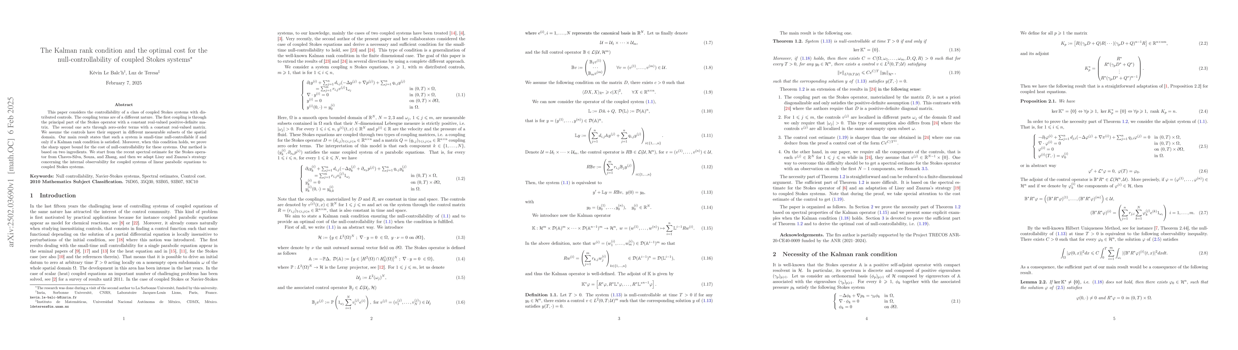 Thumbnail for The Kalman rank condition and the optimal cost for the
  null-controllability of coupled Stokes systems