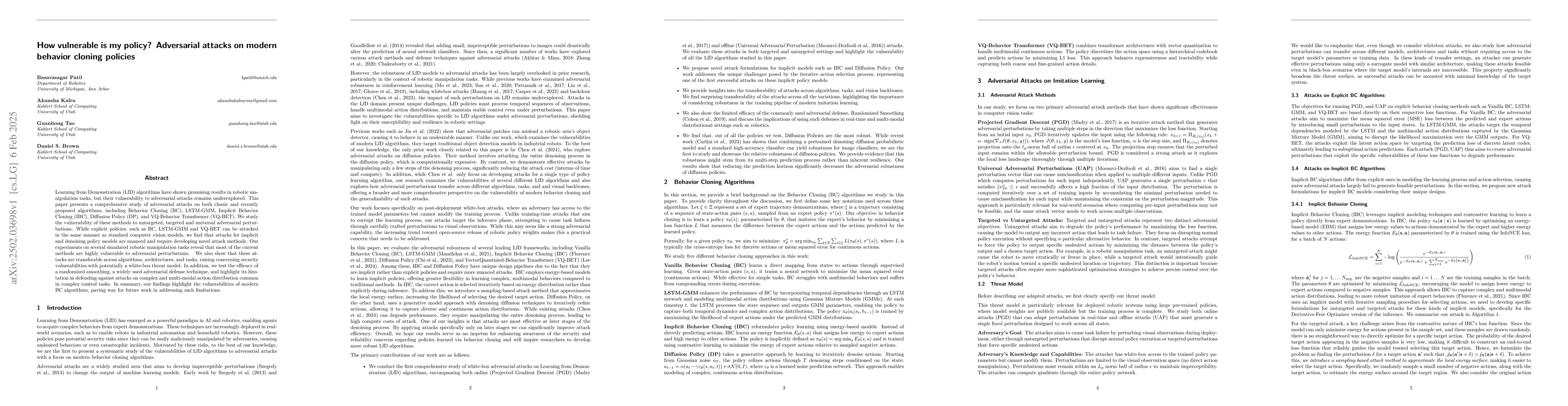 Thumbnail for How vulnerable is my policy? Adversarial attacks on modern behavior
  cloning policies