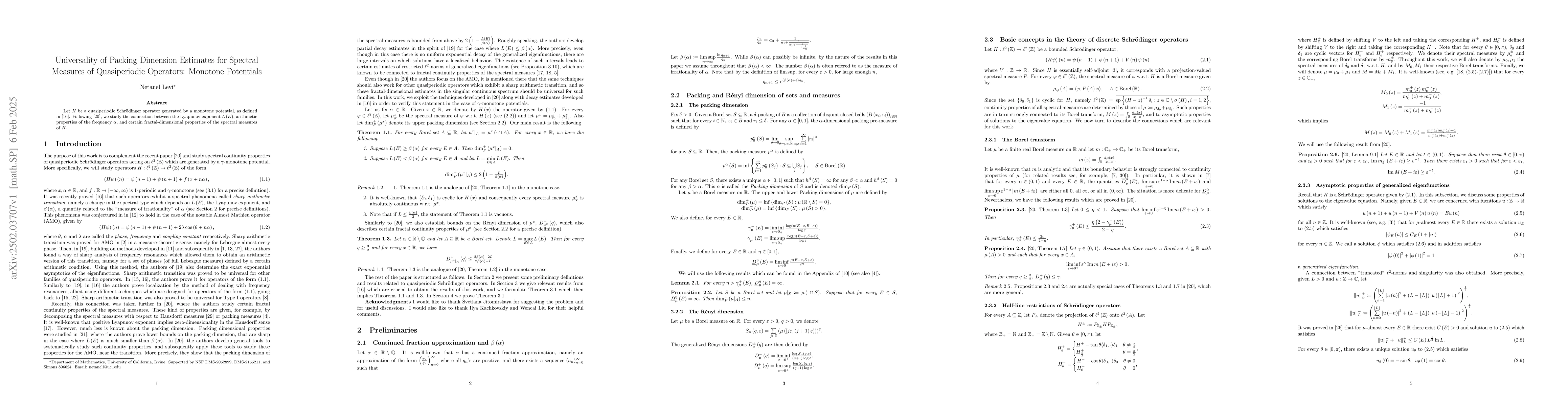 Thumbnail for Universality of Packing Dimension Estimates for Spectral Measures of
  Quasiperiodic Operators: Monotone Potentials
