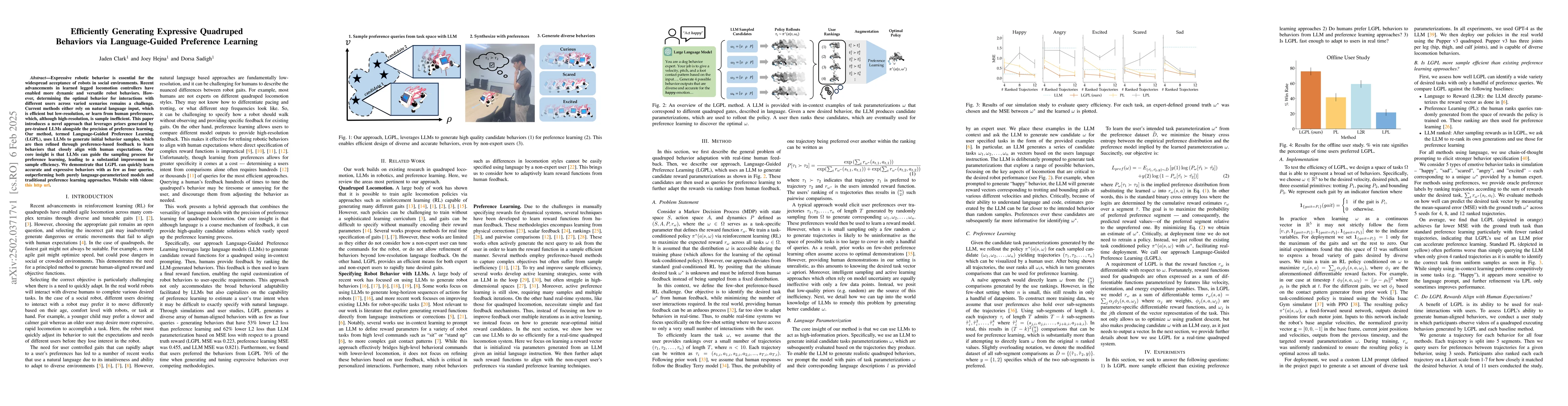 Thumbnail for Efficiently Generating Expressive Quadruped Behaviors via
  Language-Guided Preference Learning