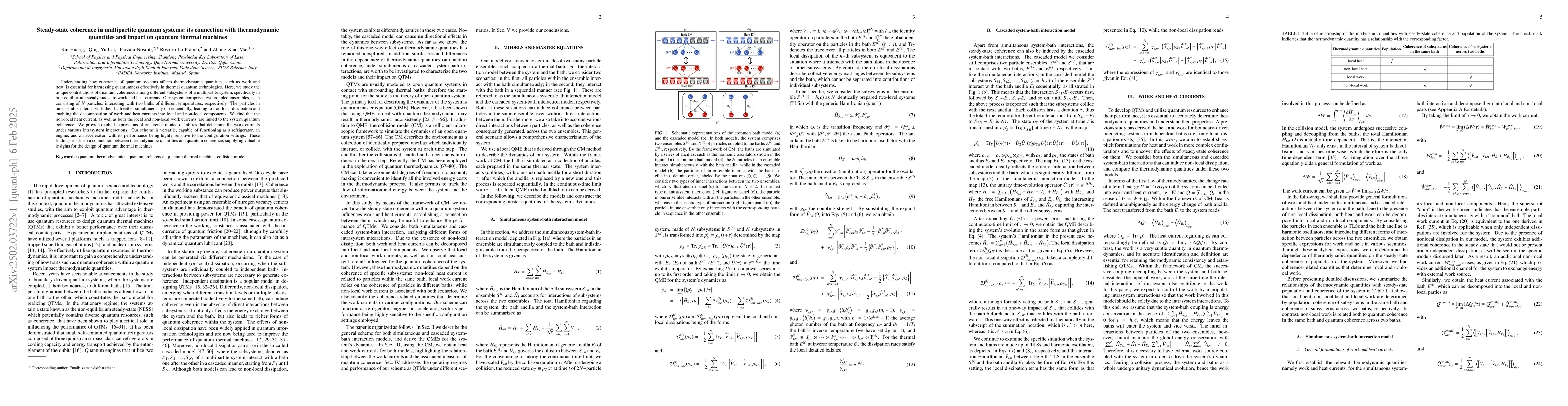 Thumbnail for Steady-state coherence in multipartite quantum systems: its connection
  with thermodynamic quantities and impact on quantum thermal machines