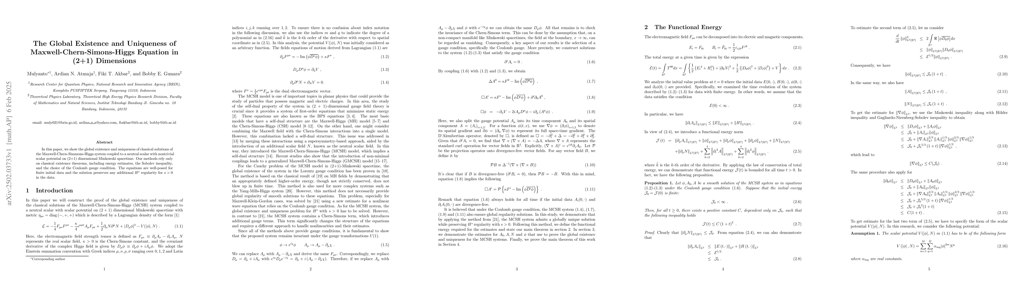 Thumbnail for The Global Existence and Uniqueness of Maxwell-Chern-Simons-Higgs
  Equation in (2+1) Dimensions
