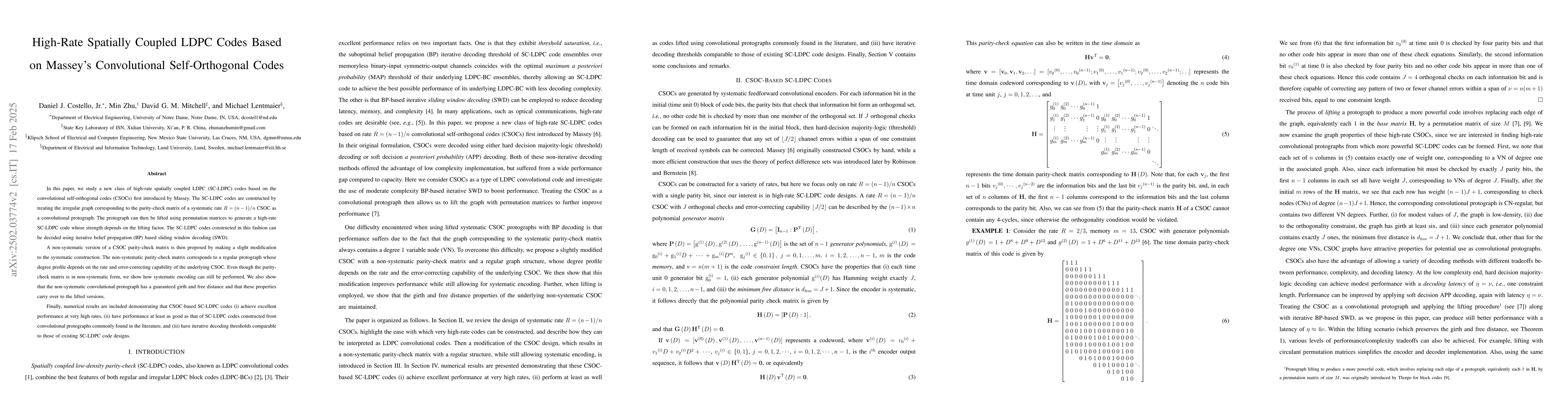 Thumbnail for High-Rate Spatially Coupled LDPC Codes Based on Massey's Convolutional
  Self-Orthogonal Codes