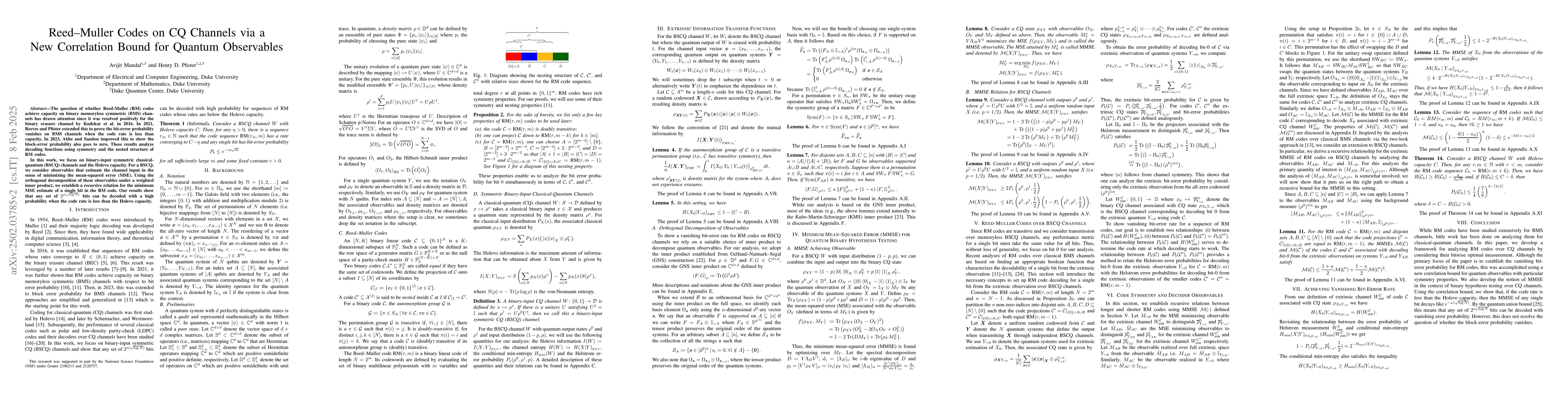 Thumbnail for Reed-Muller Codes on CQ Channels via a New Correlation Bound for Quantum
  Observables