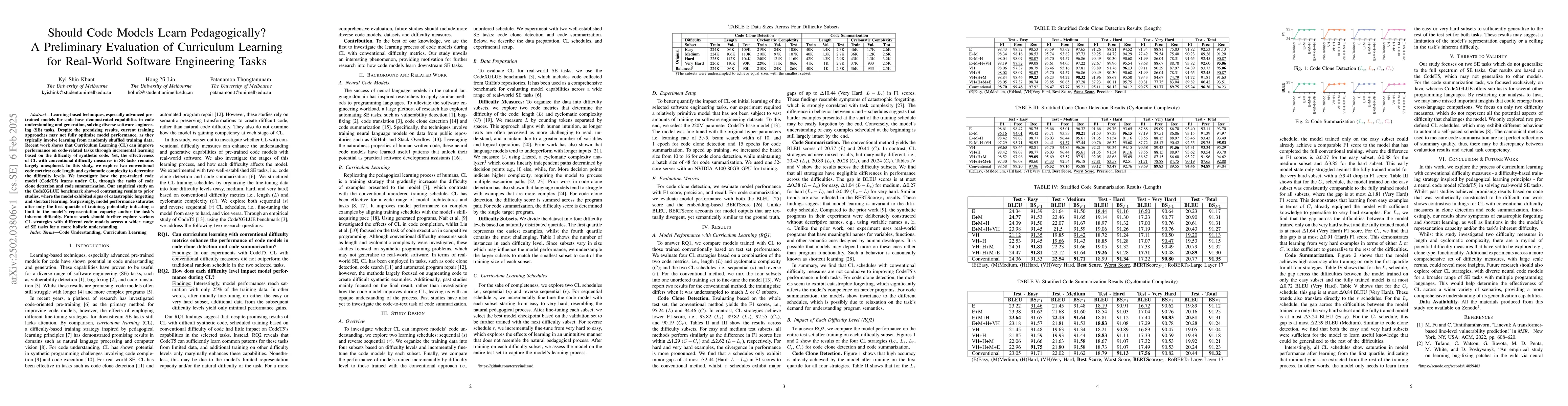 Thumbnail for Should Code Models Learn Pedagogically? A Preliminary Evaluation of
  Curriculum Learning for Real-World Software Engineering Tasks