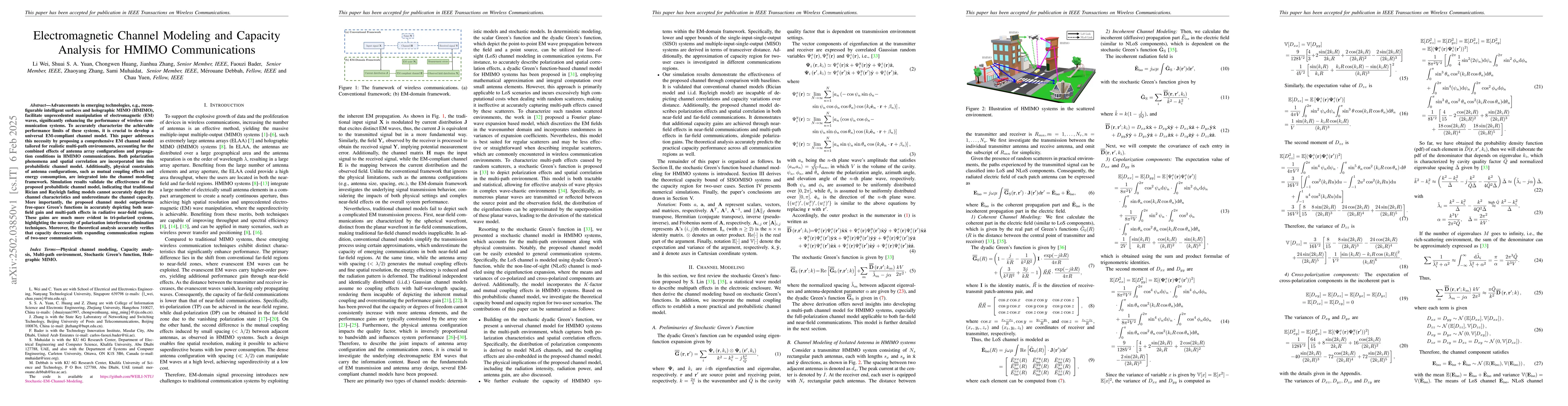 Thumbnail for Electromagnetic Channel Modeling and Capacity Analysis for HMIMO
  Communications