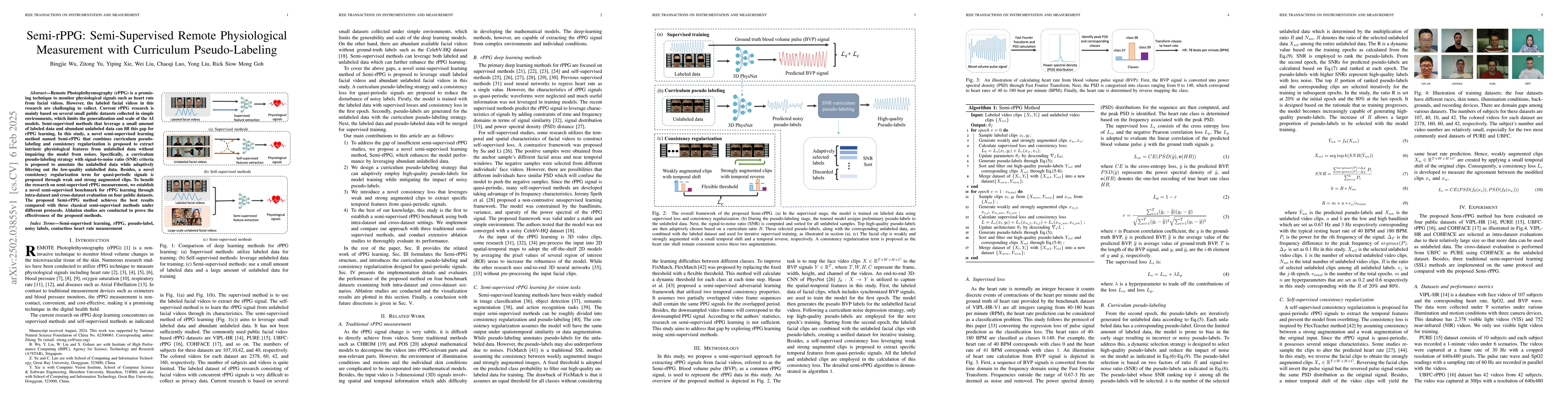 Thumbnail for Semi-rPPG: Semi-Supervised Remote Physiological Measurement with
  Curriculum Pseudo-Labeling