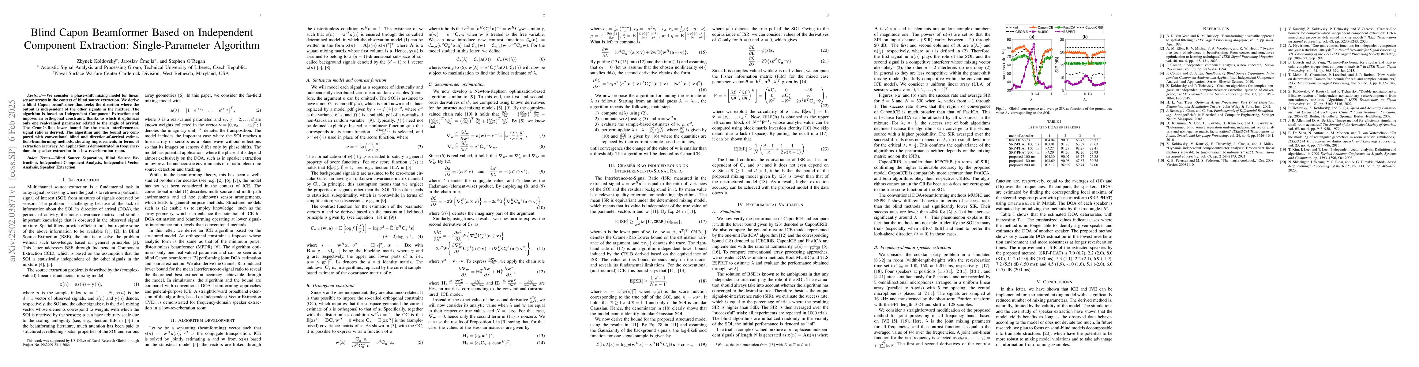 Thumbnail for Blind Capon Beamformer Based on Independent Component Extraction:
  Single-Parameter Algorithm,