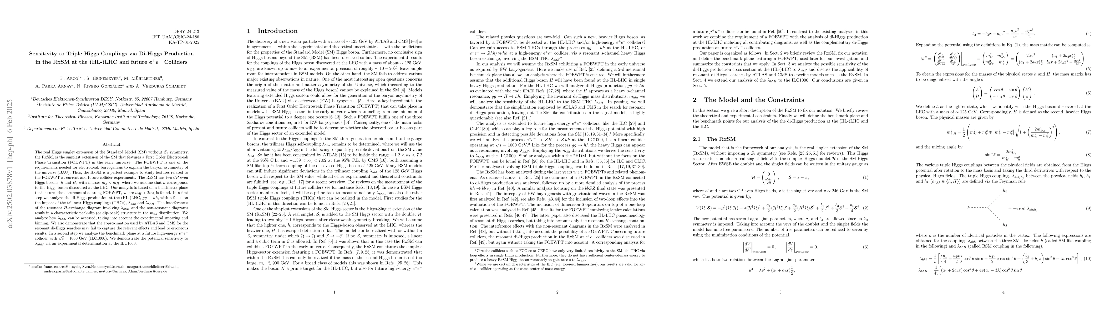 Thumbnail for Sensitivity to Triple Higgs Couplings via Di-Higgs Production in the
  RxSM at the (HL-)LHC and future $e^+e^-$ Colliders
