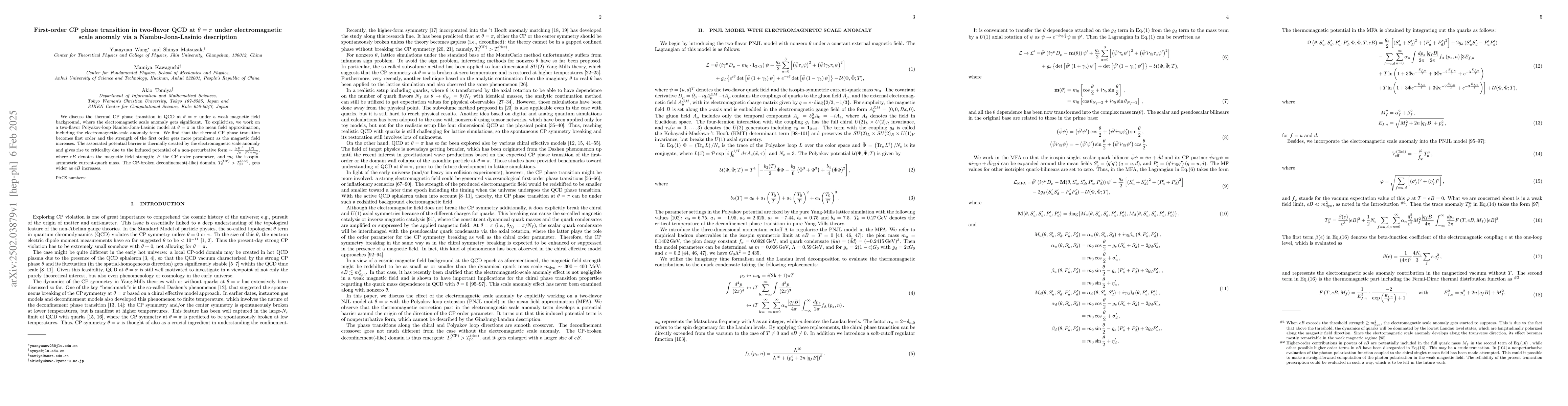 Thumbnail for First-order CP phase transition in two-flavor QCD at $θ= π$
  under electromagnetic scale anomaly via a Nambu-Jona-Lasinio description