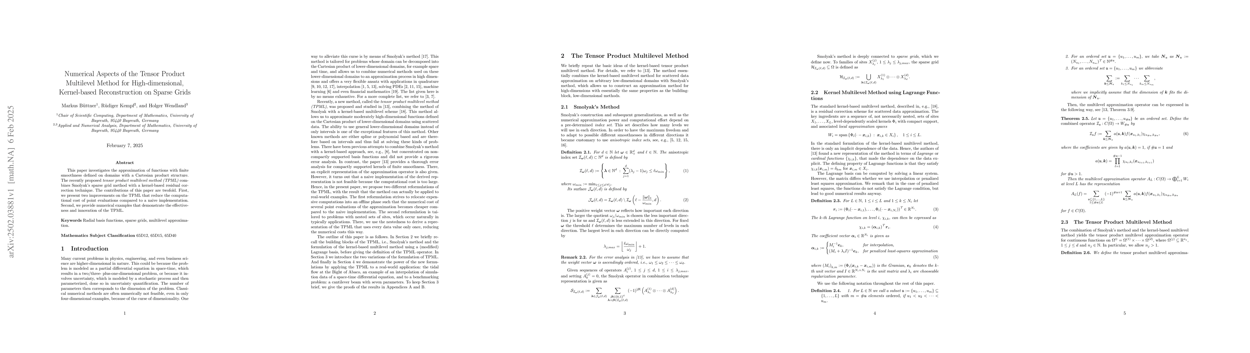 Thumbnail for Numerical Aspects of the Tensor Product Multilevel Method for
  High-dimensional, Kernel-based Reconstruction on Sparse Grids