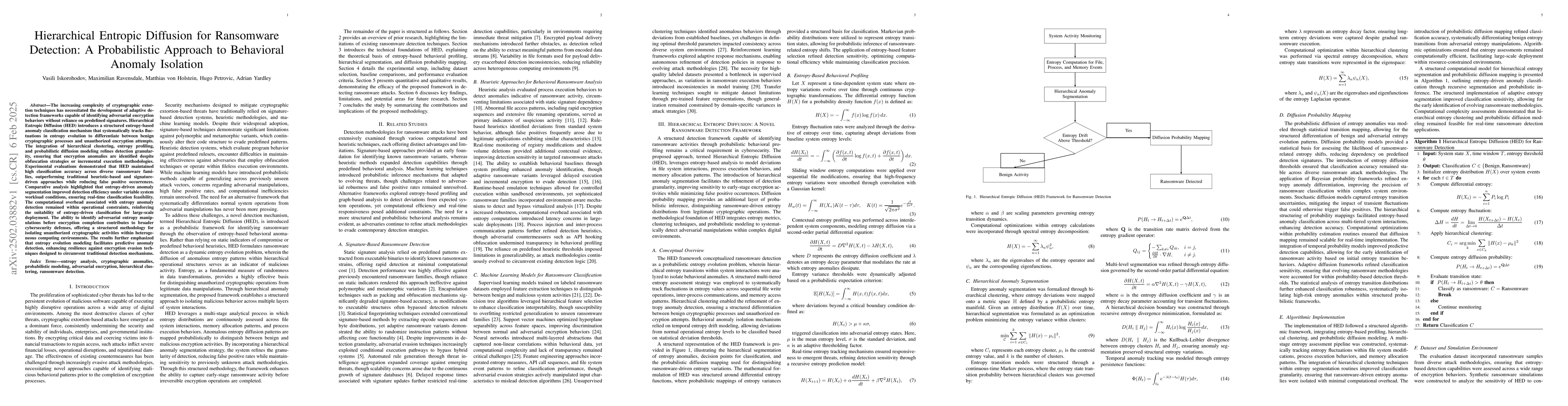 Thumbnail for Hierarchical Entropic Diffusion for Ransomware Detection: A
  Probabilistic Approach to Behavioral Anomaly Isolation